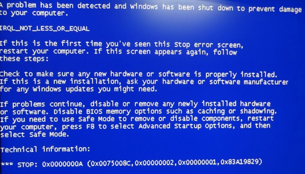 Фото синий экран 0x0000000a в ходе операции Windows 7