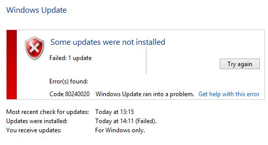 Фото проблемной ошибки 80240020 в системе Windows 10