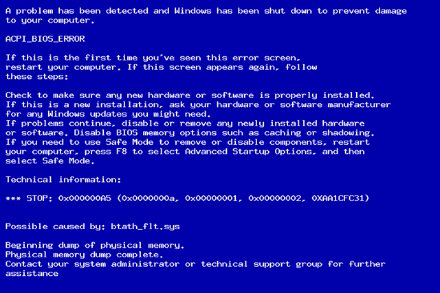 Фото ошибки 0x000000a5 при загрузке Windows 7