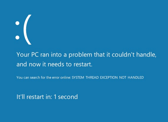 фото ошибки system thread exception not handled выдает Windows